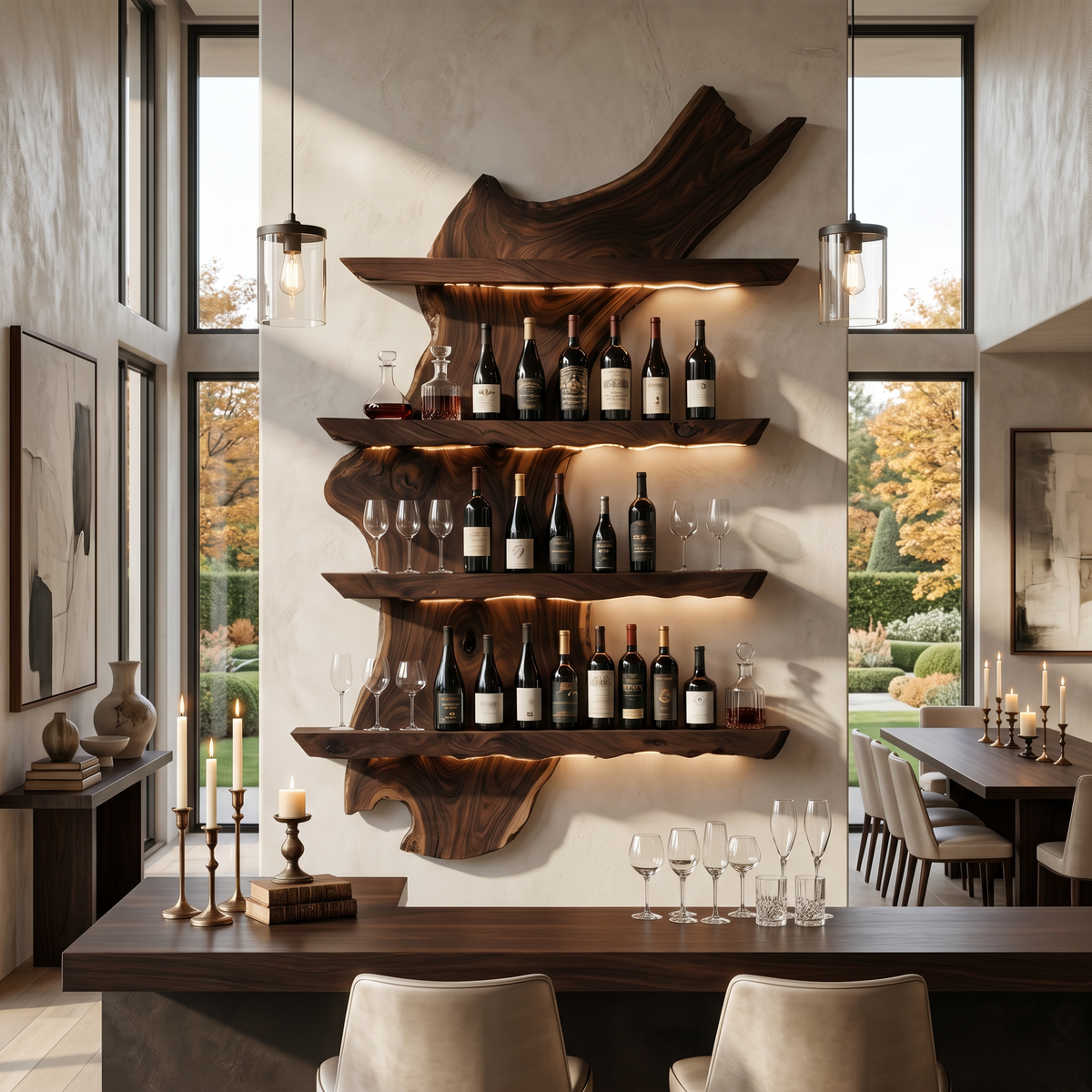 Monkey Pod Wood Wall Wine Rack in Mid-Century Style in Walnut finish