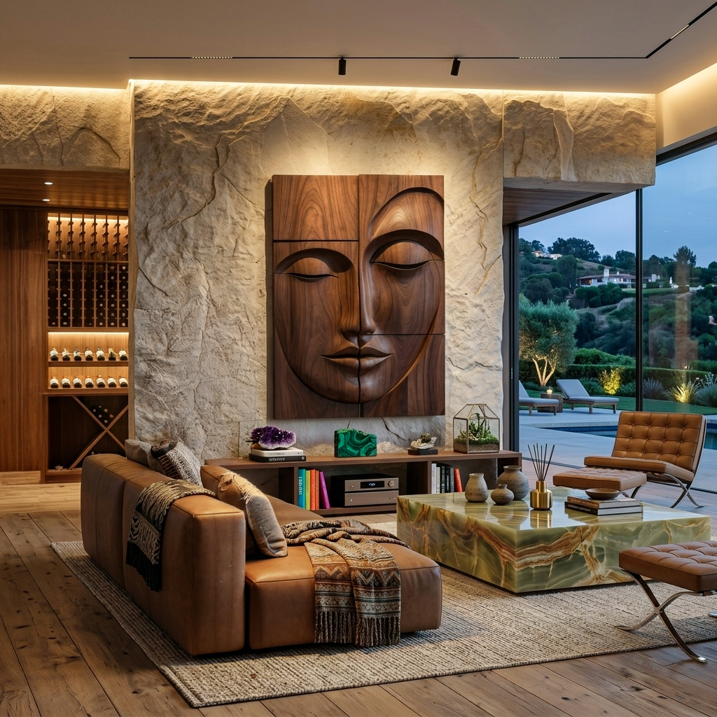 Carved Solid Wood Buddha Face Wall Art Panels in Walnut finish