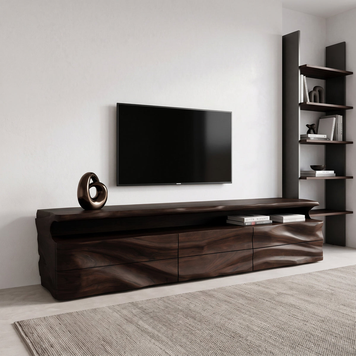 Sculptural Solid Wood TV Console with Shelf and Drawers in Walnut finish