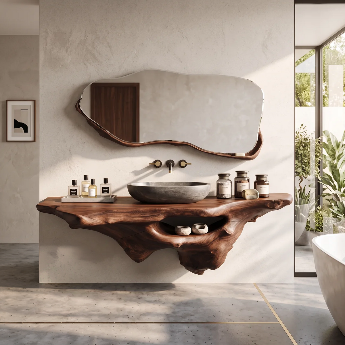 Solid Oak Live Edge Wall-Hung Bathroom Vanity Shelf, Farmhouse in Walnut finish