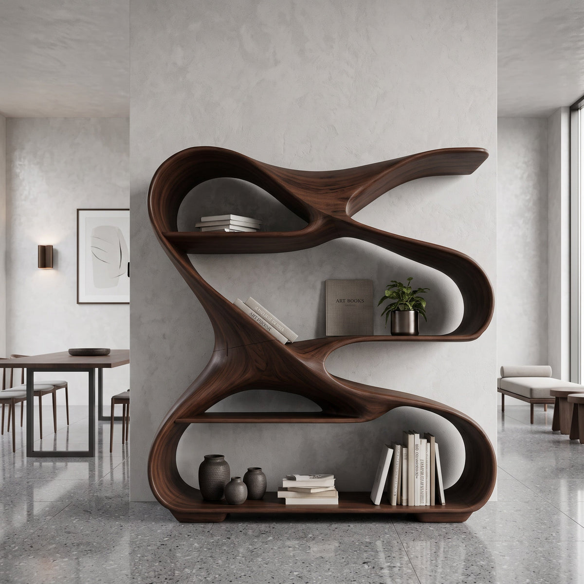 Modern Freeform Sculptural Wood Bookshelf for Office Display in Walnut finish
