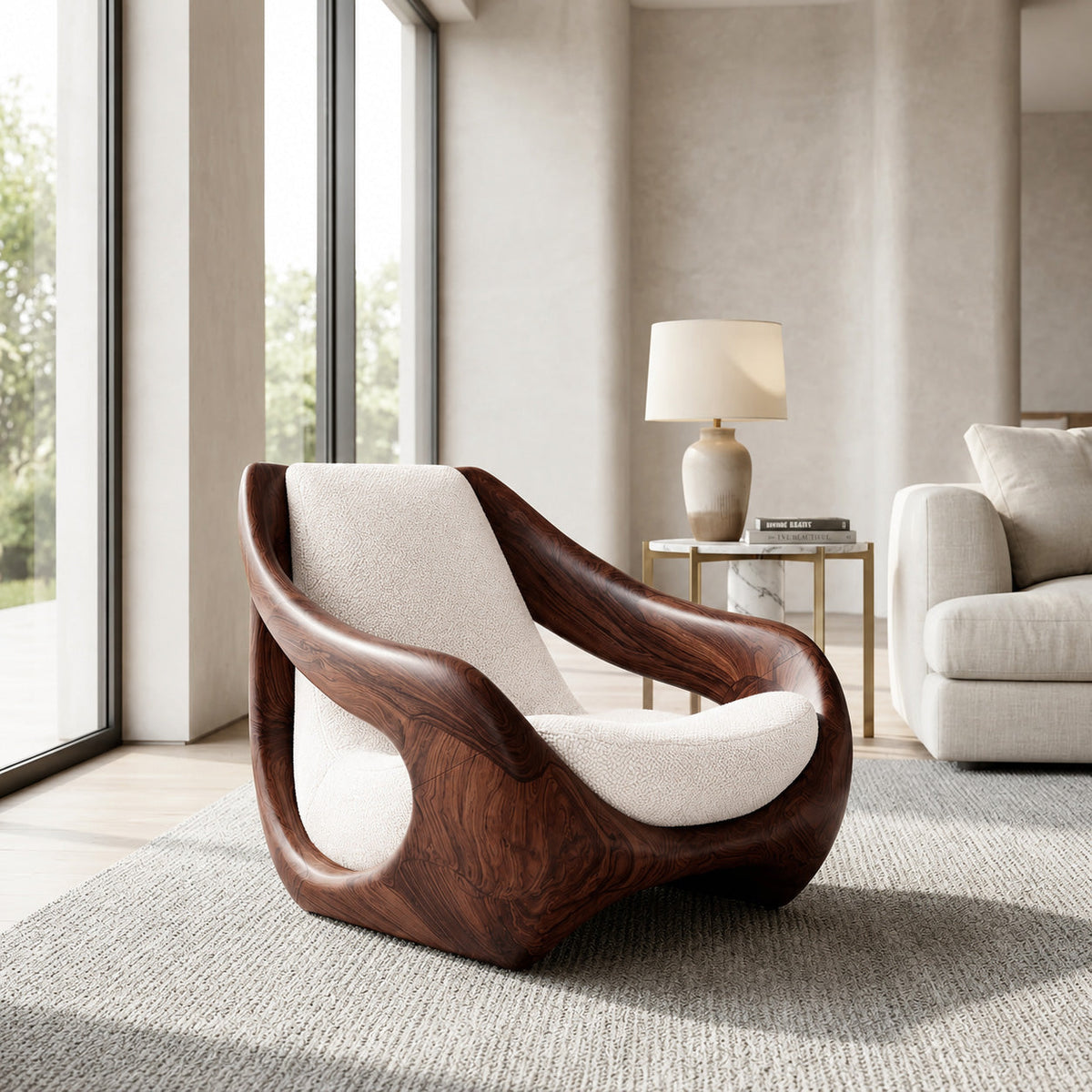 Sculptural Solid Wood Accent Chair with Carved Organic Curves in Walnut finish