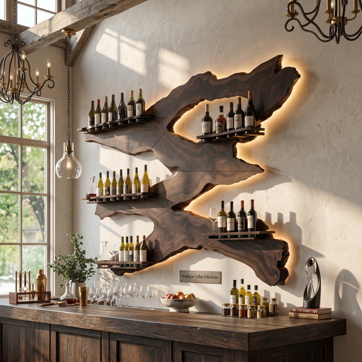 Handcrafted Monkeypod Wine Wall Rack for Kitchen and Home Bar in Walnut finish