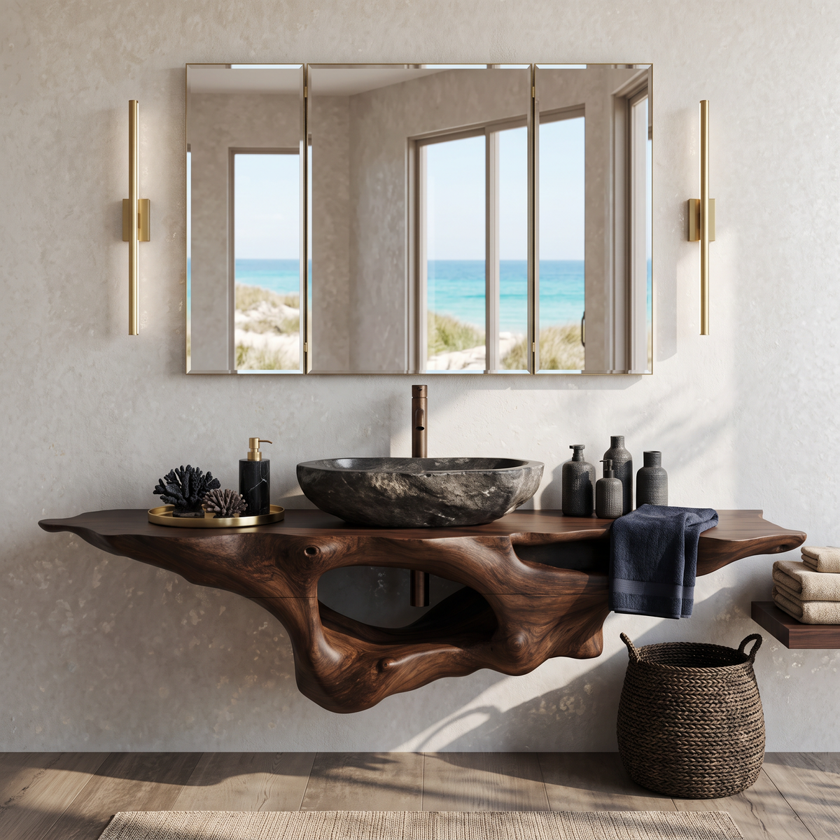 Farmhouse Solid Wood Bathroom Vanity Shelf with Waterproof Finish in Walnut finish