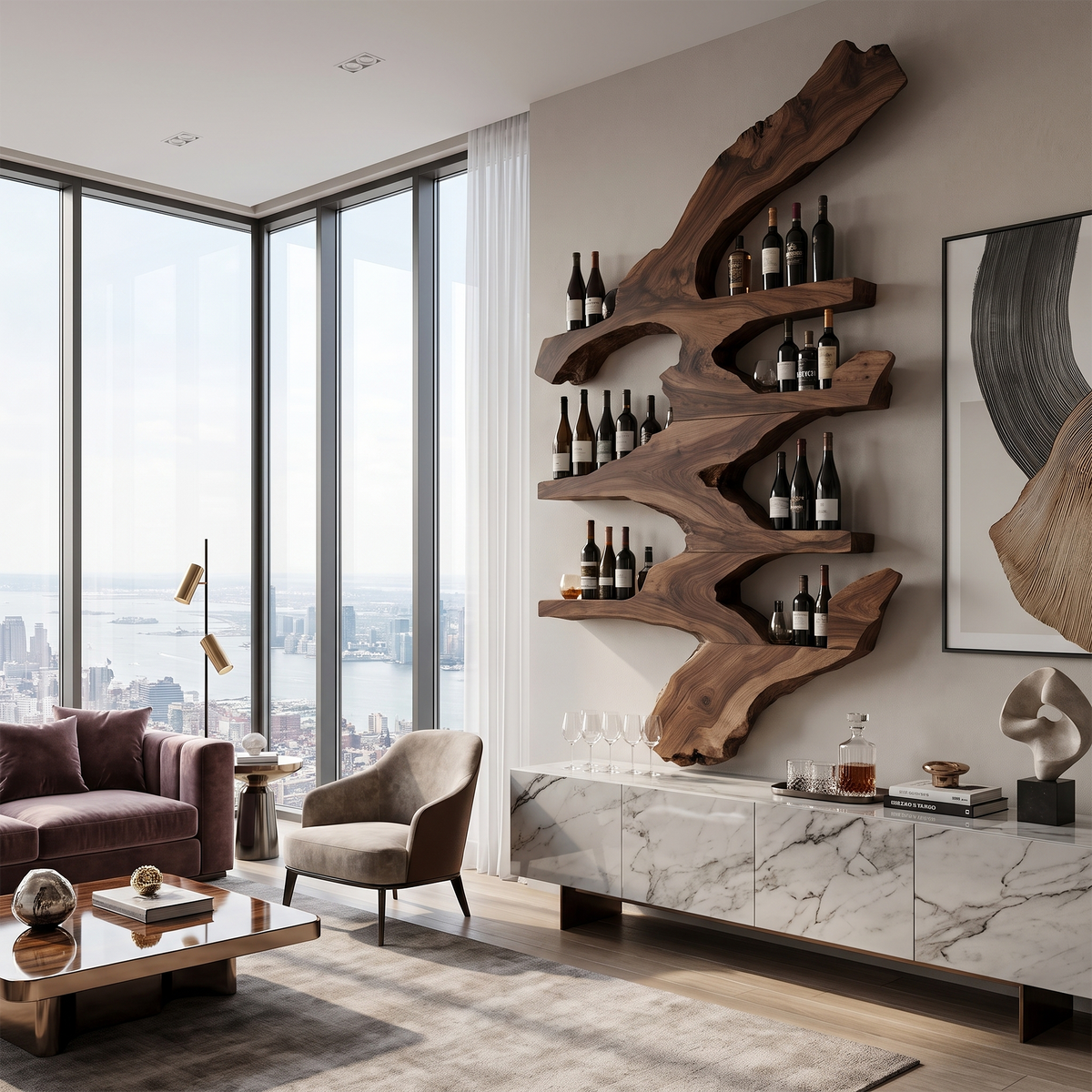 Handcrafted Wood Wine Bottle Rack Stand for Kitchen in Walnut finish