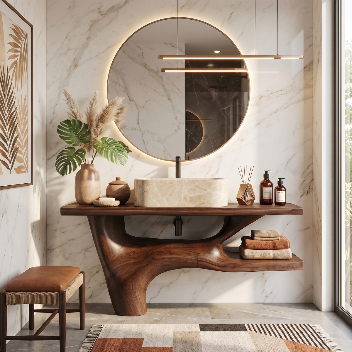 Handcrafted Solid Wood Bathroom Vanity in Natural Rustic Style in Walnut finish