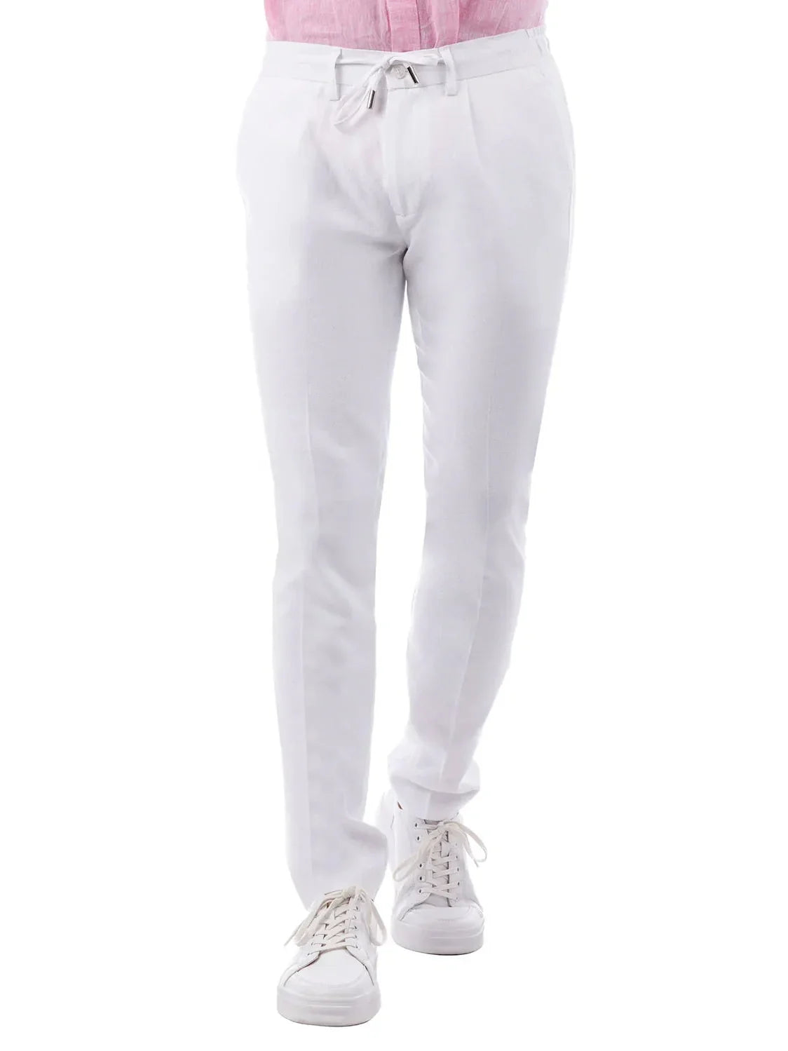 Men's Slim Fit Solid White Linen Cotton Blend Flat Front Dress Pants