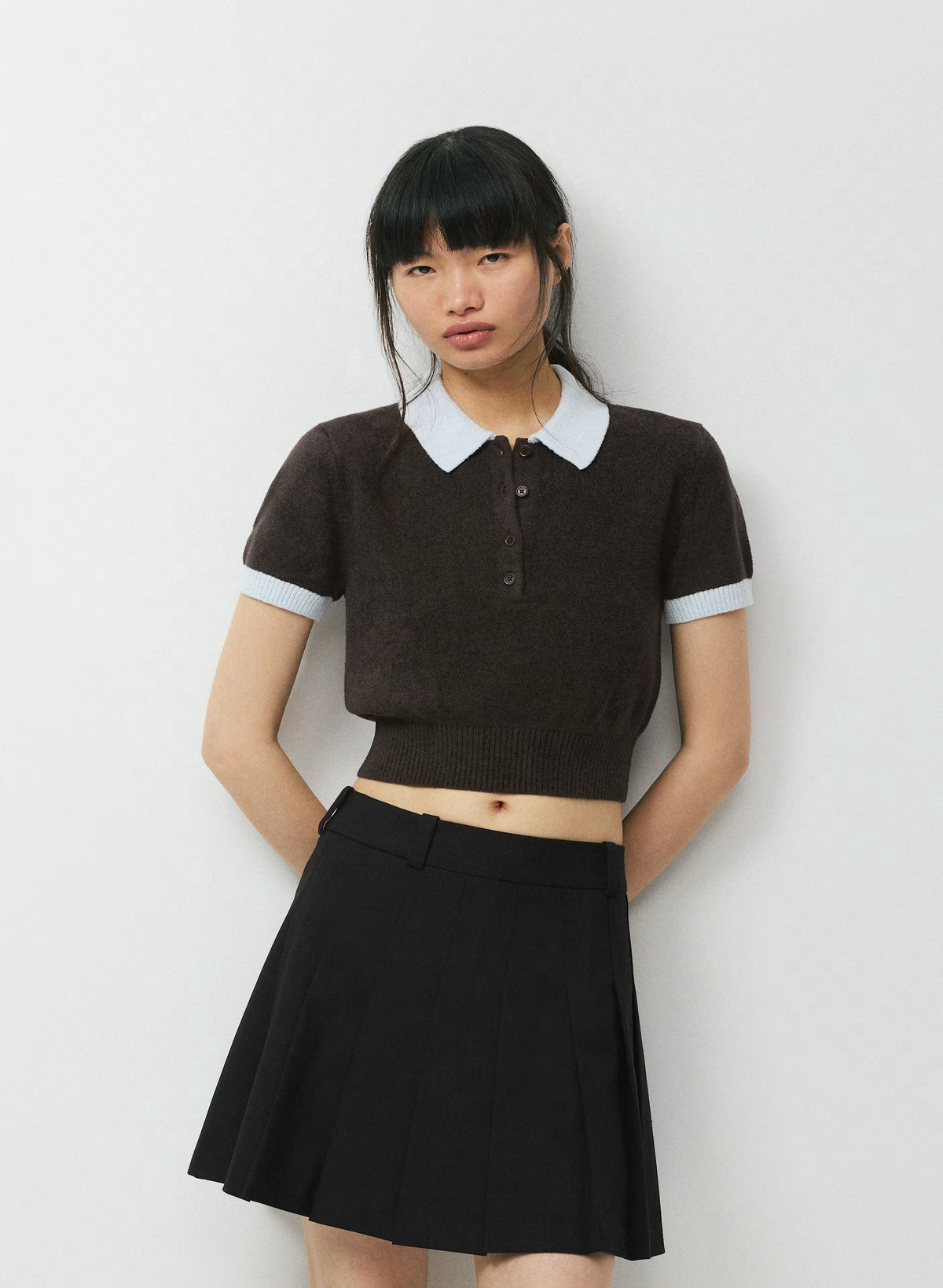 Wool Blend Button Polo Sweater - Brown