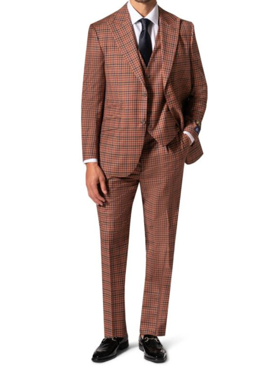 Men's Brown Plaid Modern Fit Wool 3-Piece Suit