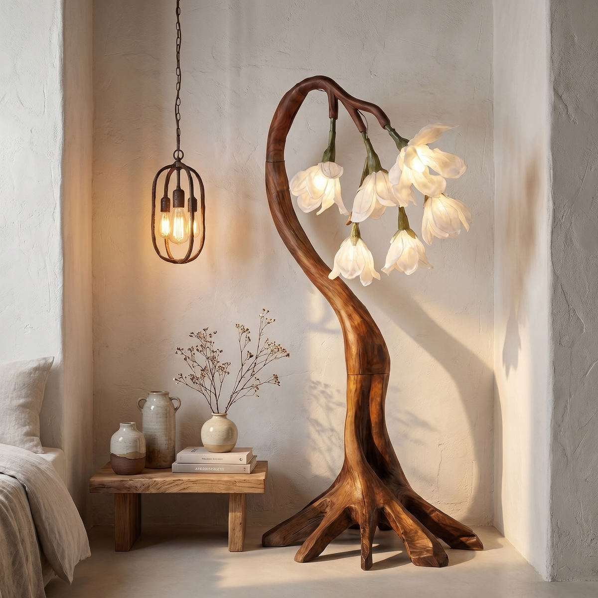 Flower Petal Floor Lamp with Sculptural Solid Wood Branch Base in Brown finish