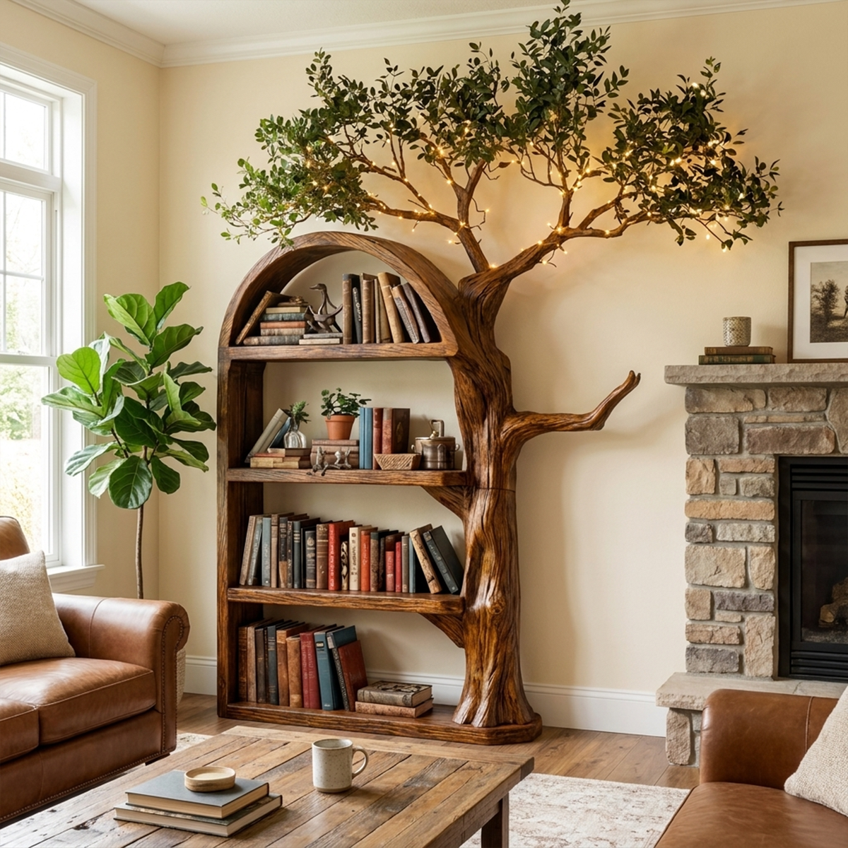 Rustic Tree Branch Wall Bookshelf with Hidden Brackets in Brown finish