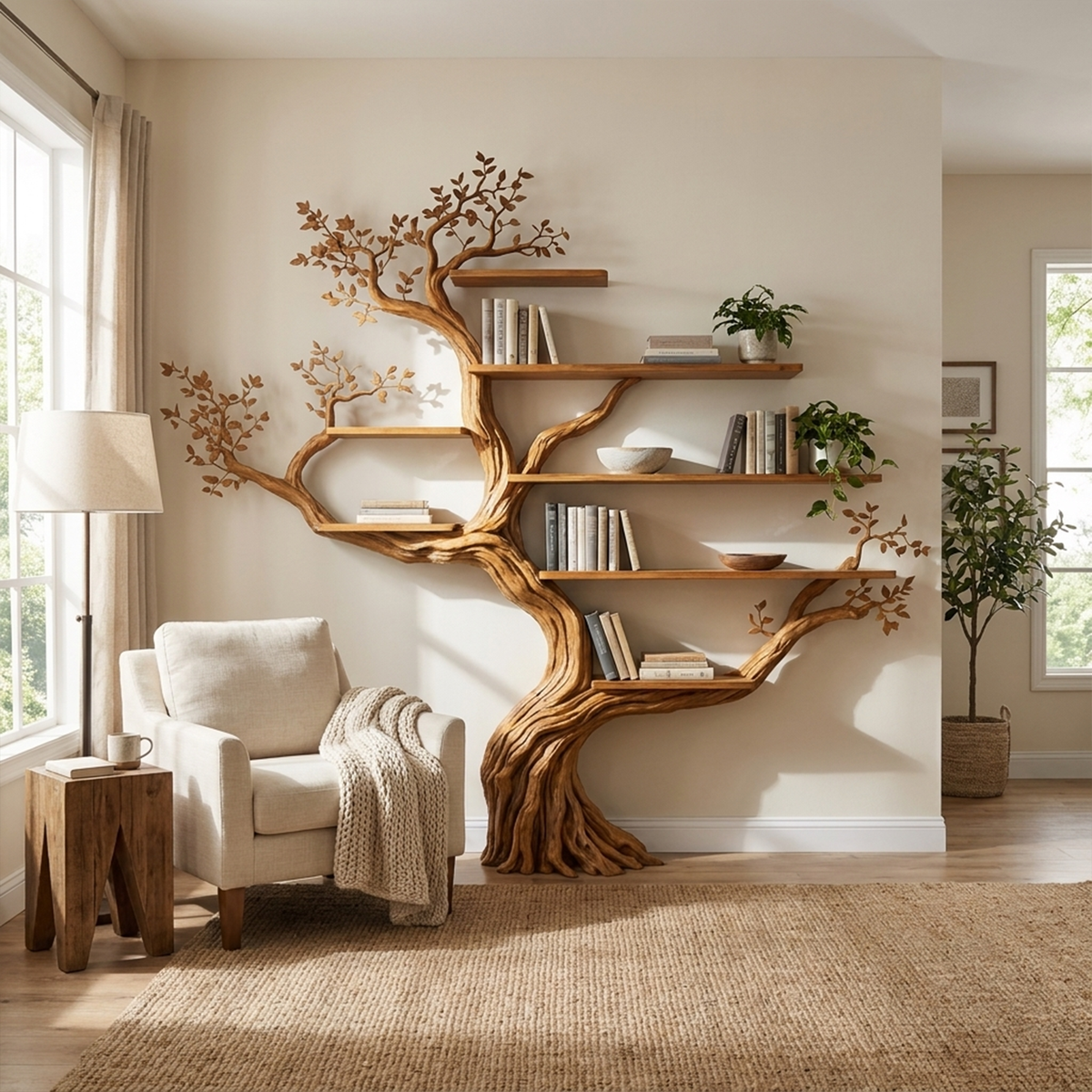 Modern Organic Tree Branch Bookshelf, Flowing Wall Feature in Brown finish
