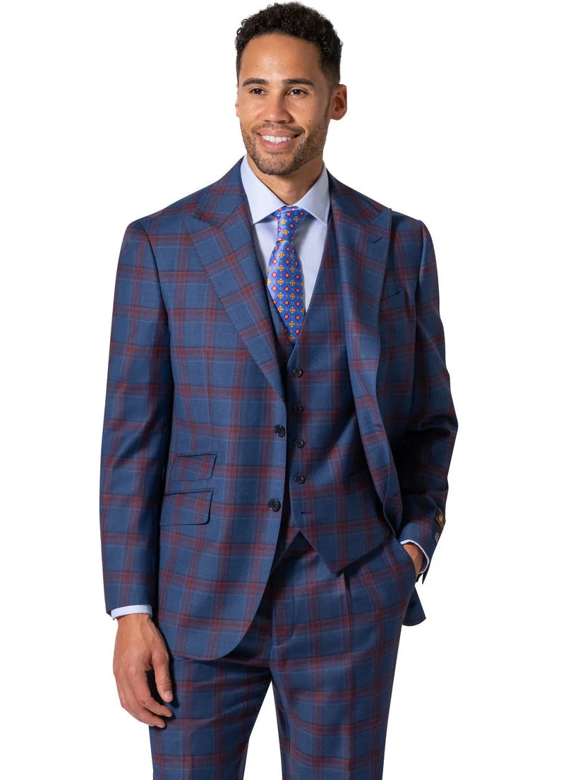 Men's Blue Plaid Classic Fit Wool 3-Piece Suit & Peak Lapels
