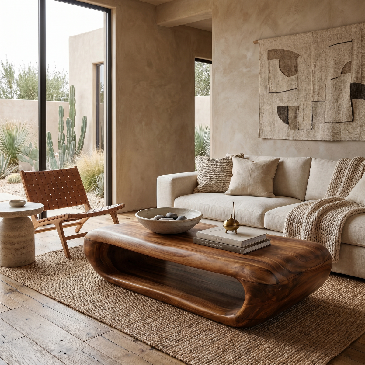 Organic Solid Wood Coffee Table with Built-In Open Storage in Brown finish