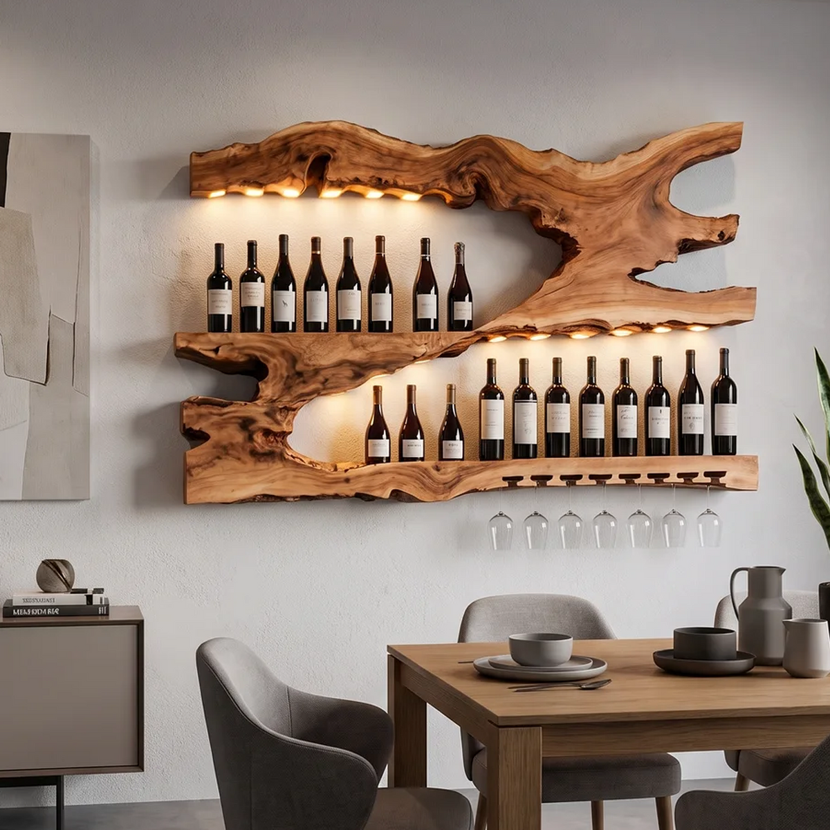 Mid-Century Monkeypod Wood Wall Wine Rack with Minimalist Shelf in Brown finish