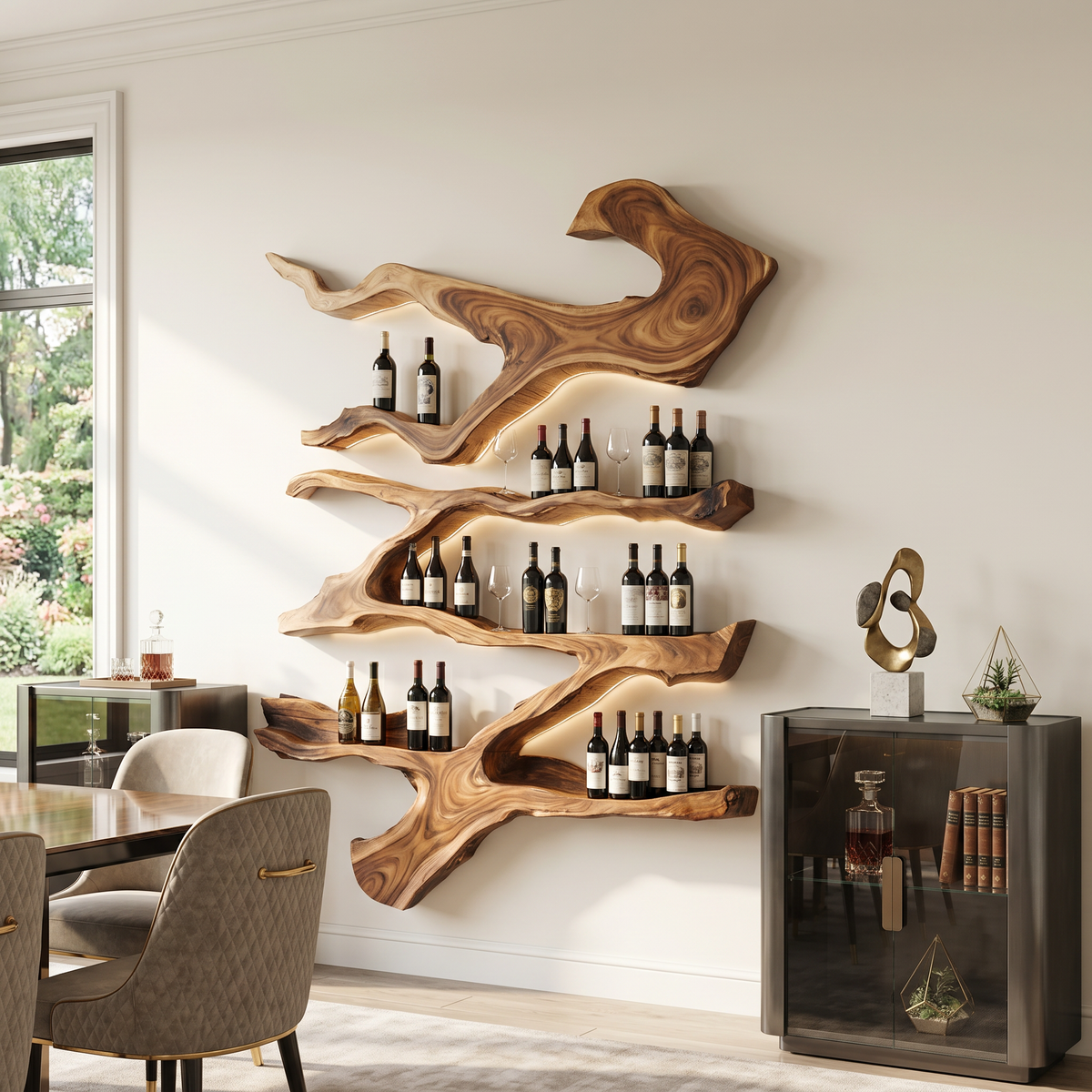 Farmhouse Monkeypod Wood Wall Wine Rack Display in Brown finish