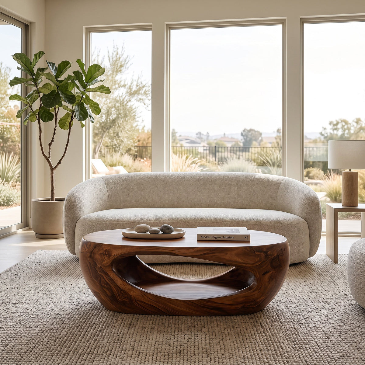Mid-Century Sculptural Solid Wood Coffee Table with Hollow Cutouts in Brown finish