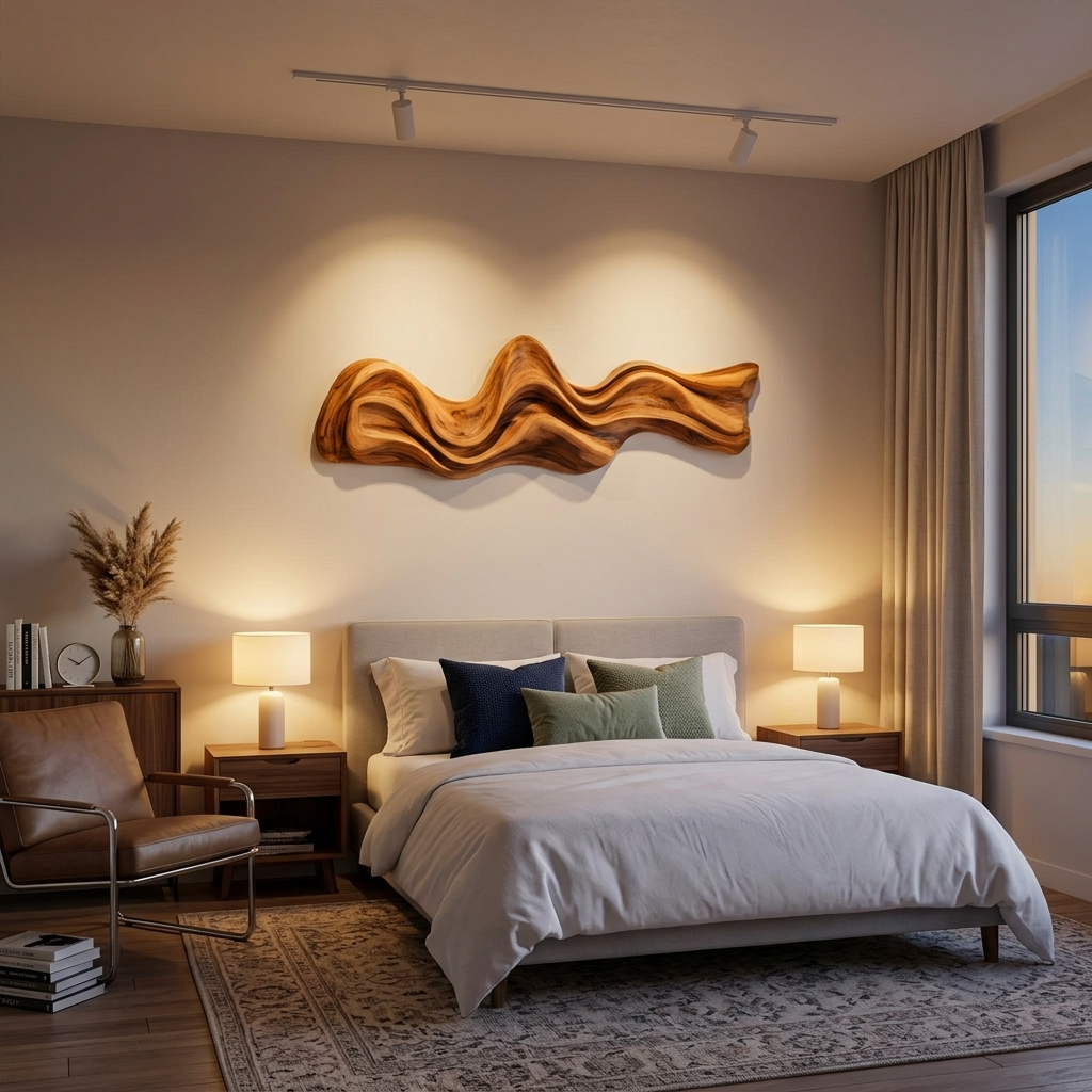 Large Wavy Solid Wood Wall Art Sculpture for Living Room in Brown finish