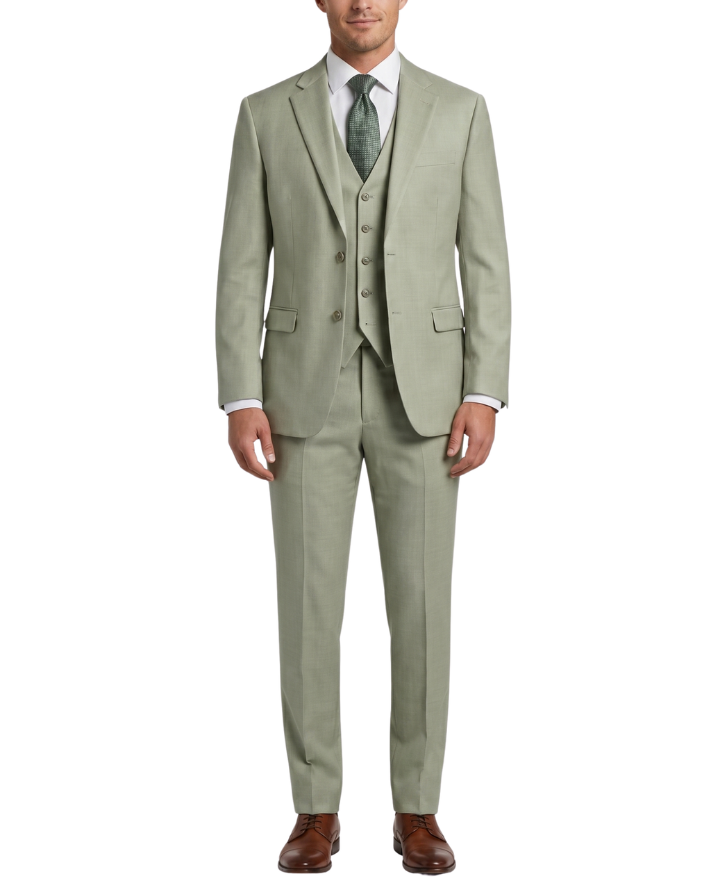 Men's Sage Green Herringbone Slim Fit Notch Lapel Stretch 3-Piece Suit
