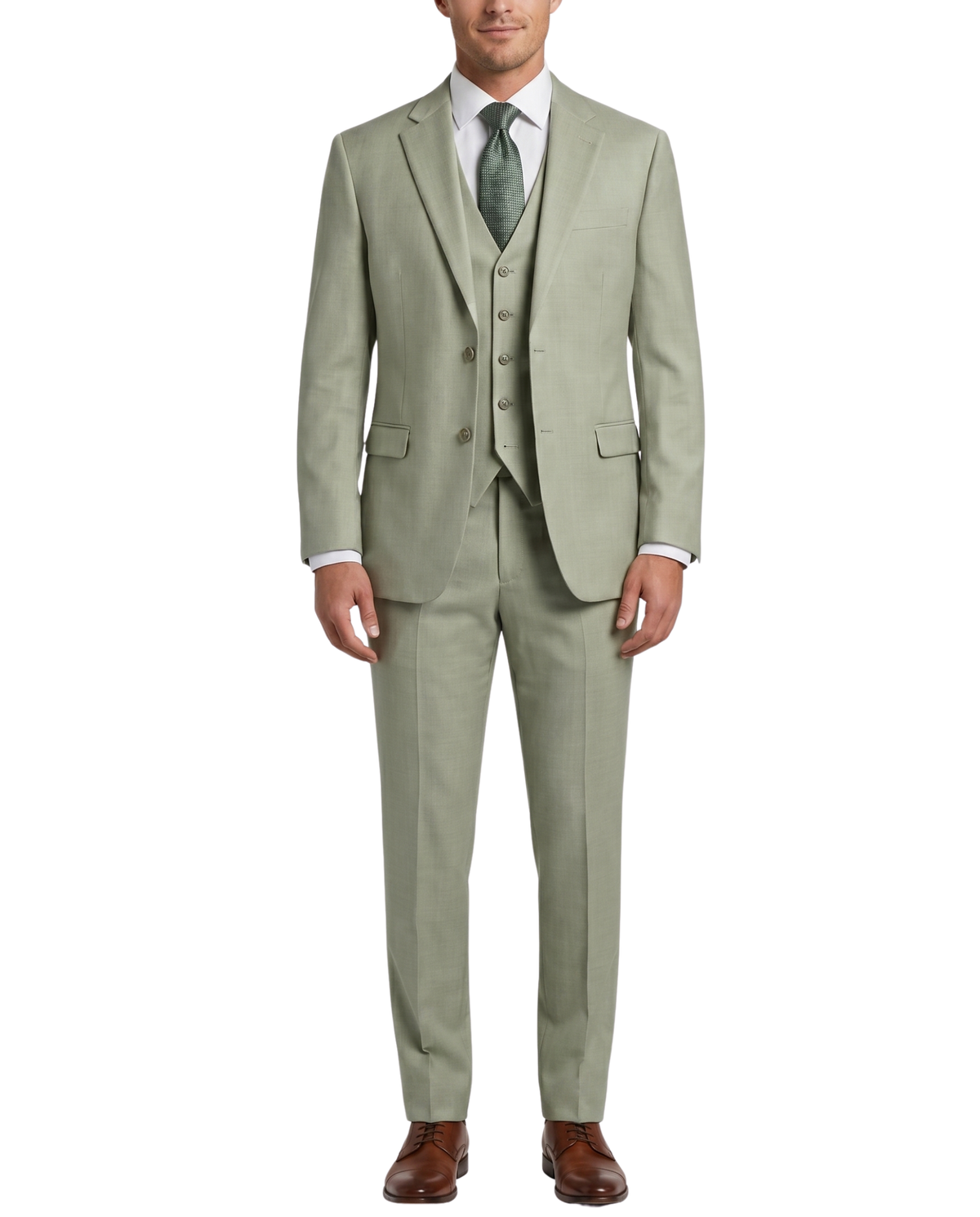 Men's Sage Green Herringbone Slim Fit Notch Lapel Stretch 3-Piece Suit
