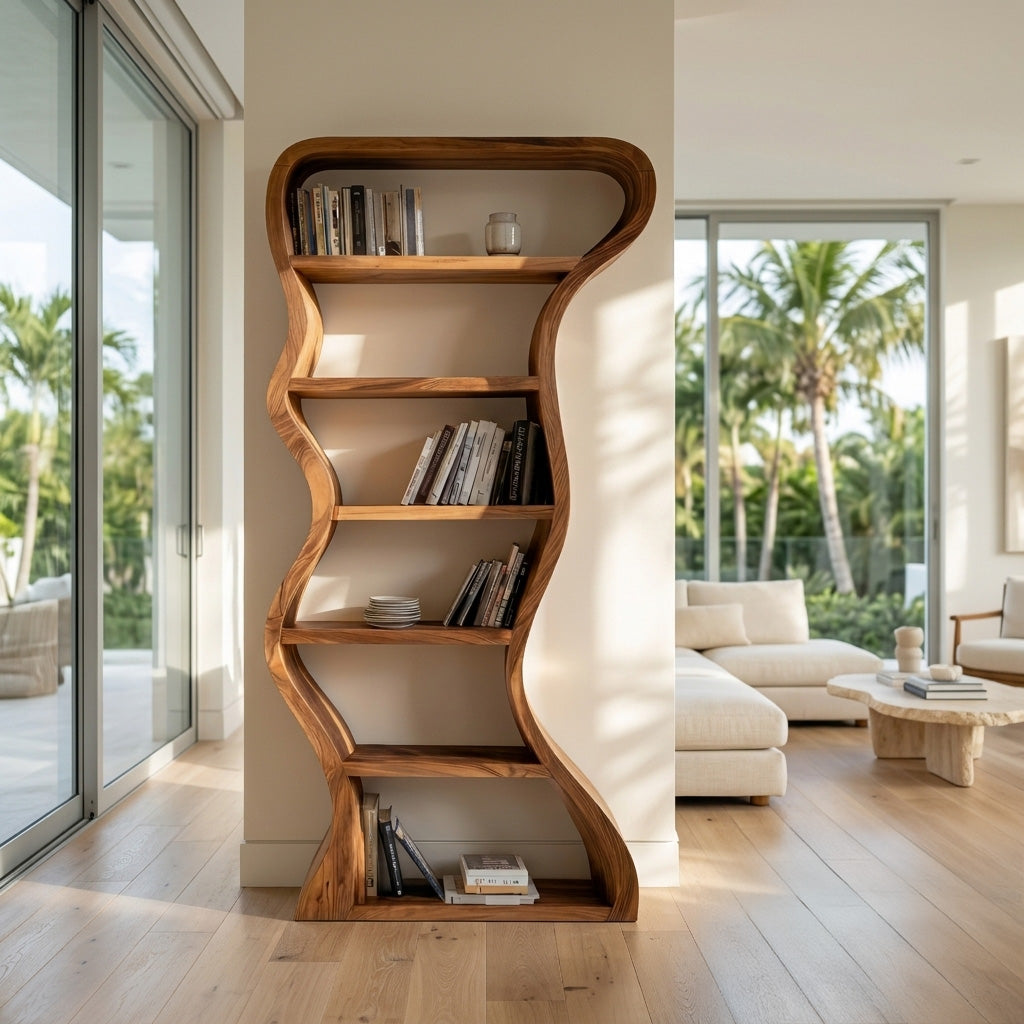 Tall Wavy Solid Wood Bookshelf with Organic Sculpted Sides in Brown finish