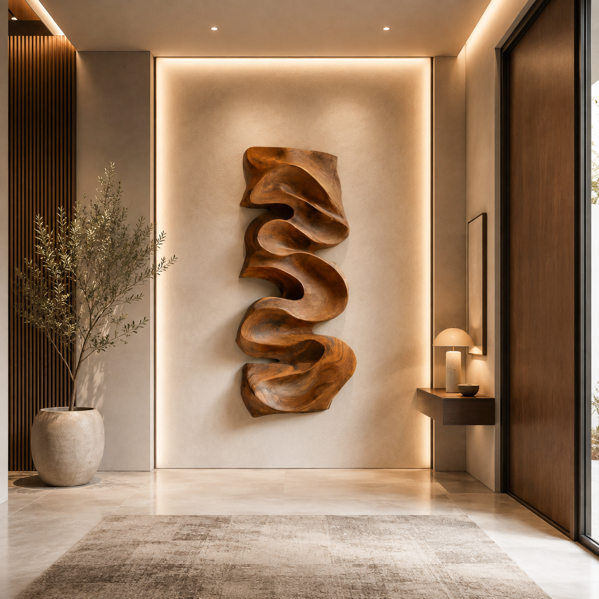 Carved Solid Wood Wall Art Panel with Cascading Curves in Brown finish