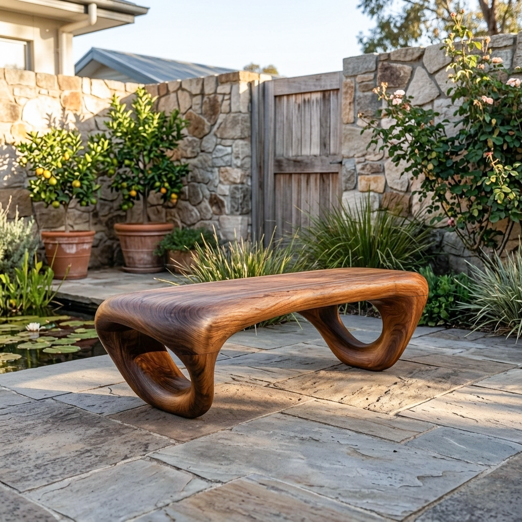 Solid Wood Sculptural Outdoor Bench with Hollow Curved Form in Brown finish