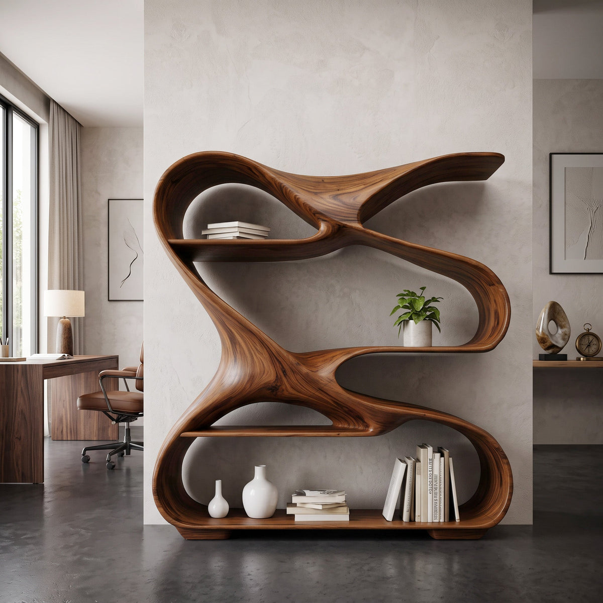 Modern Freeform Sculptural Wood Bookshelf for Office Display in Brown finish