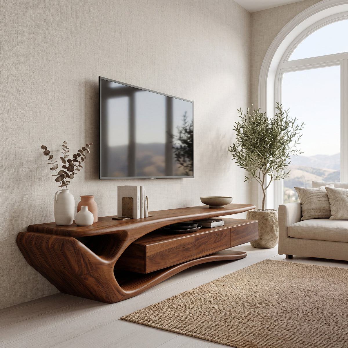 Sculptural Solid Wood TV Stand with Storage Drawers in Brown finish