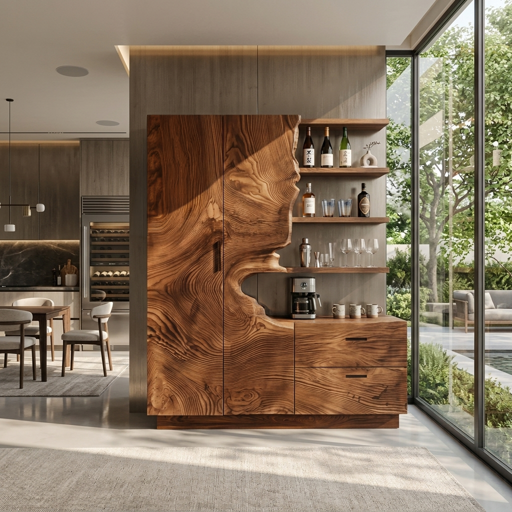 Carved Solid Wood Bar Cabinet with Wine Storage in Brown finish