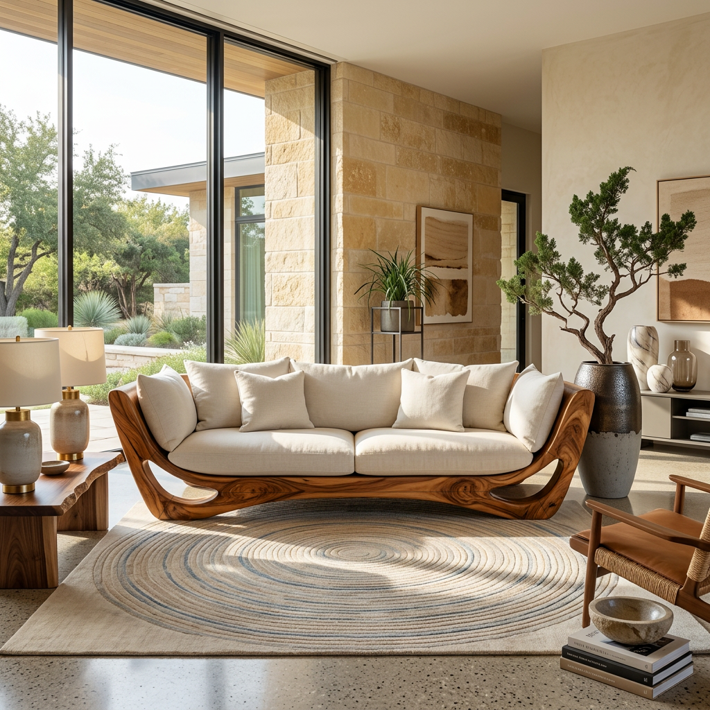Modern Sculptural Solid Wood Frame Sofa with Cushions in Brown finish