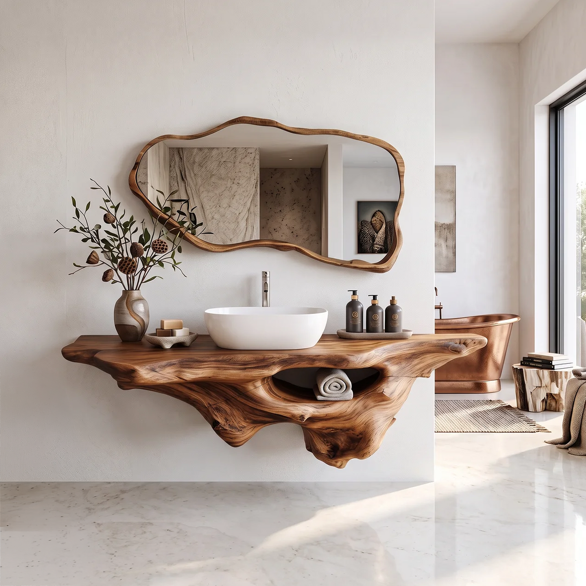 Solid Oak Live Edge Wall-Hung Bathroom Vanity Shelf, Farmhouse in Brown finish