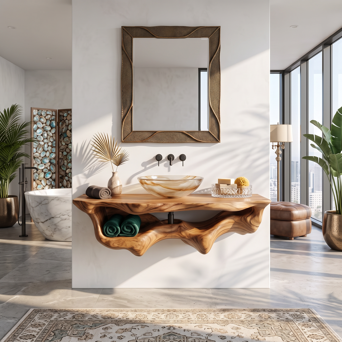 Mid-Century Live Edge Floating Bathroom Vanity Shelf in Brown finish