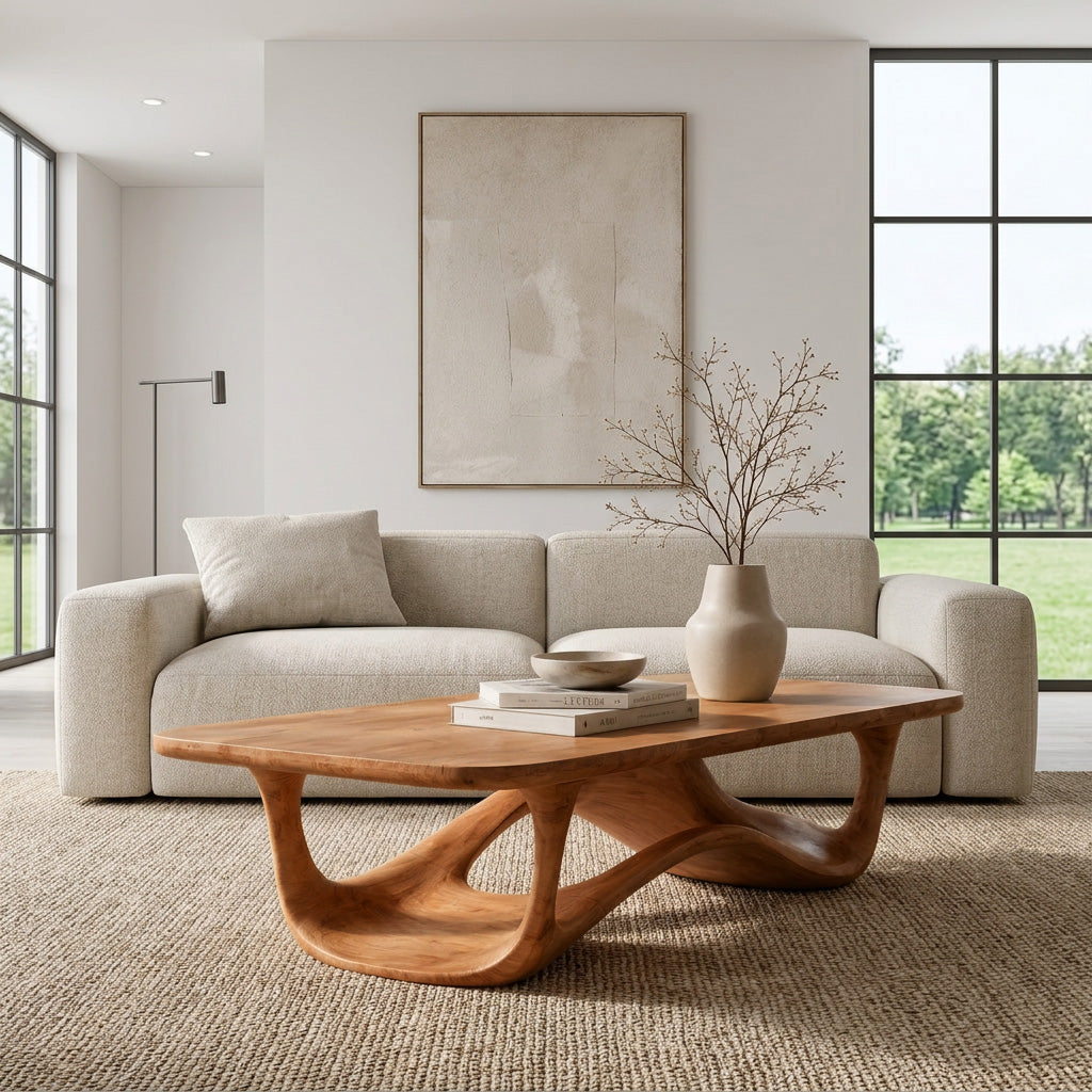 Sculptural Solid Wood Coffee Table with Curved Open Base in Brown finish