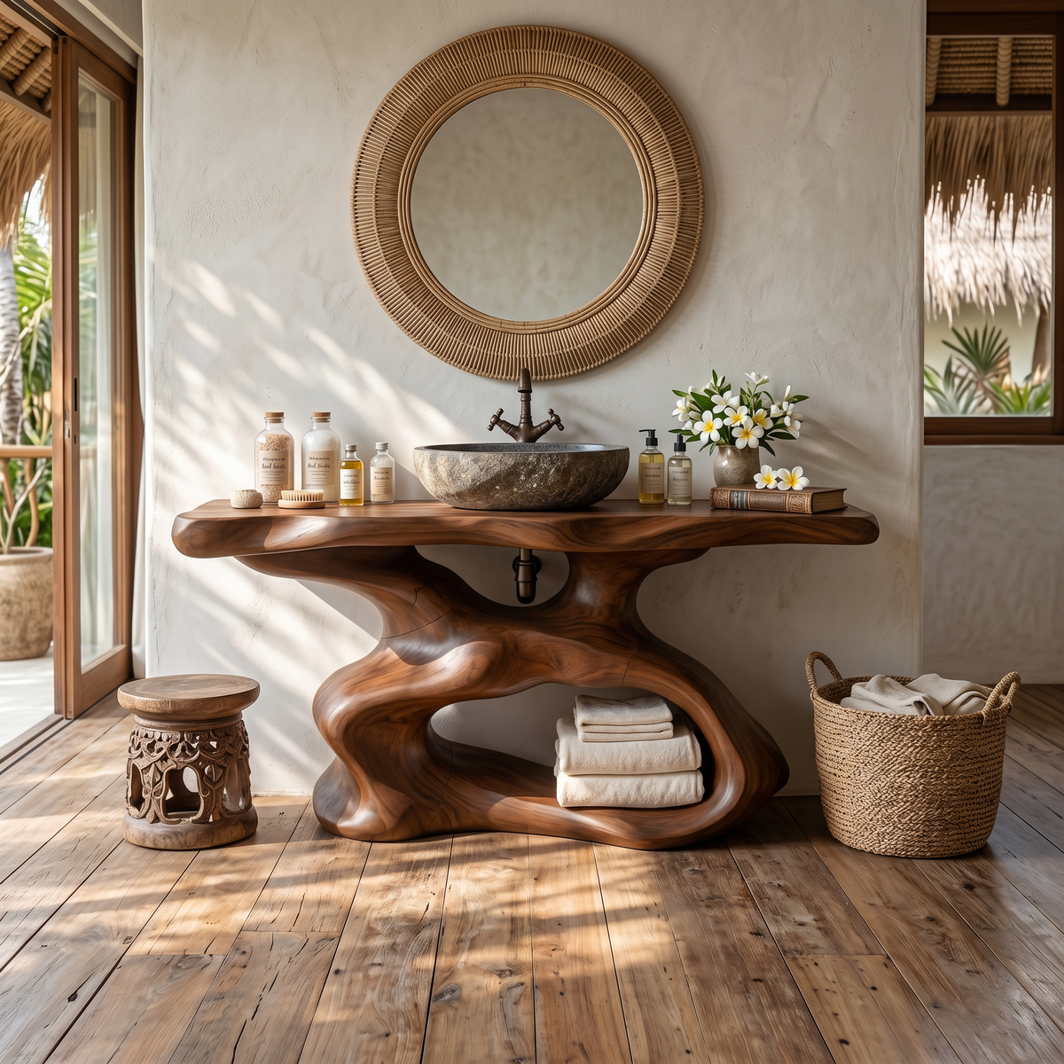 Farmhouse Solid Wood Bathroom Vanity with Weathered Finish in Brown finish