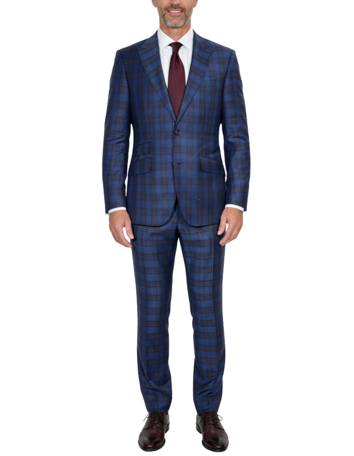 Men's Blue Burgundy Plaid Modern Fit Peak Lapel Wool 2-Button Suit