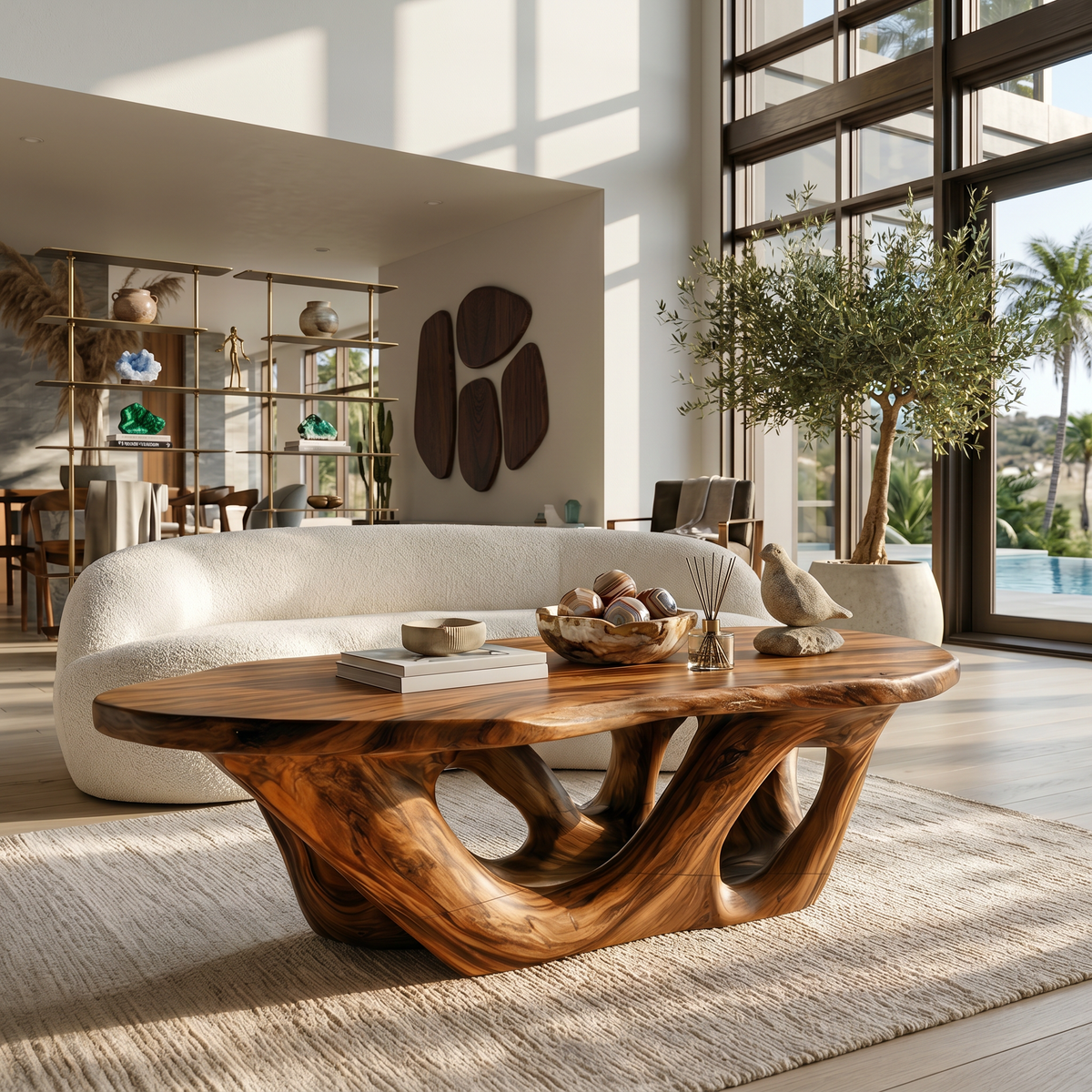 Solid Wood Sculptural Coffee Table with Open Loop Base in Brown finish