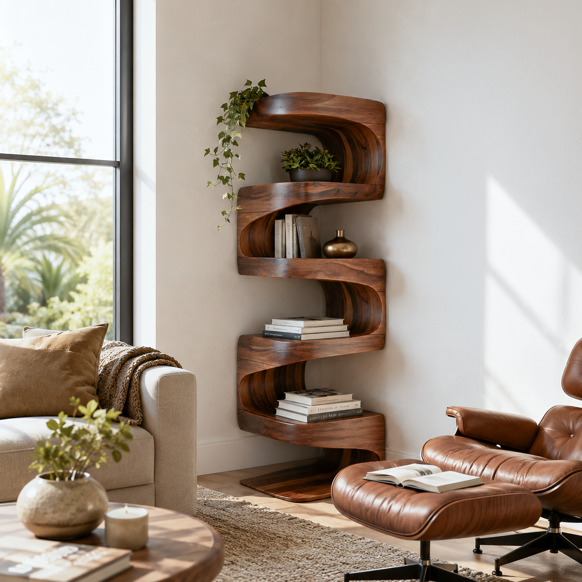 Modern Corner Wave Bookshelf in Solid Wood with Tiered Shelves in Brown finish