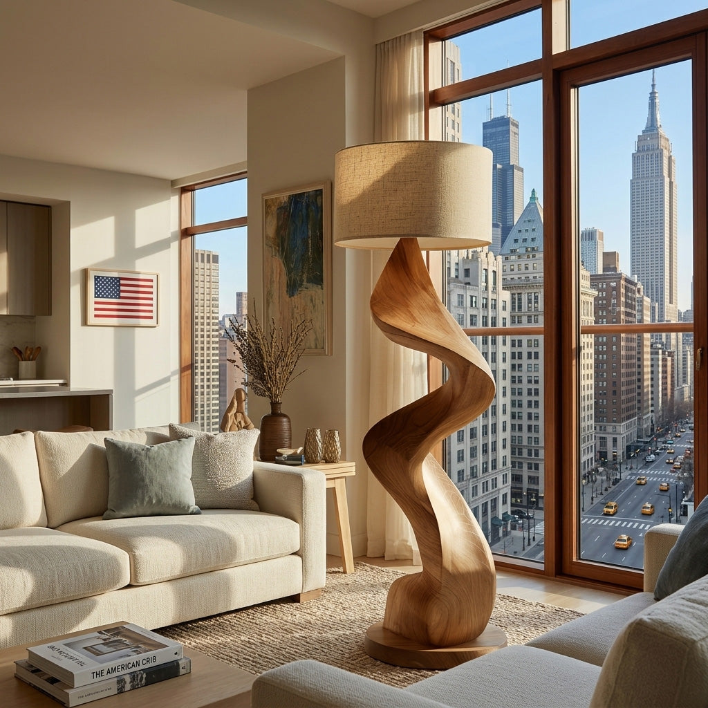 Sculptural Twisted Solid Wood Floor Lamp with Fabric Shade in Brown finish