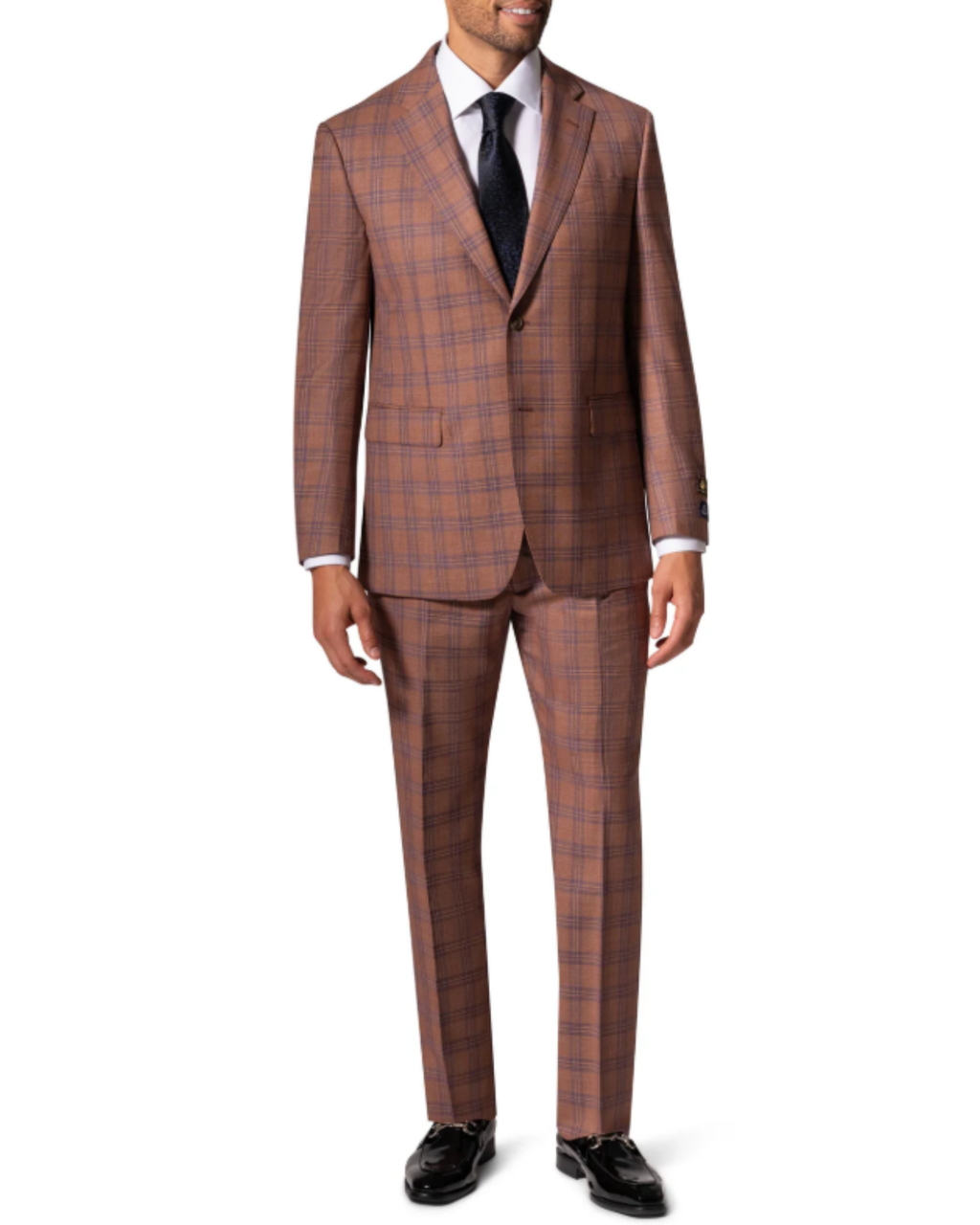 Men's Orange Blue Windowpane Modern Fit 2-Button Wool Suit