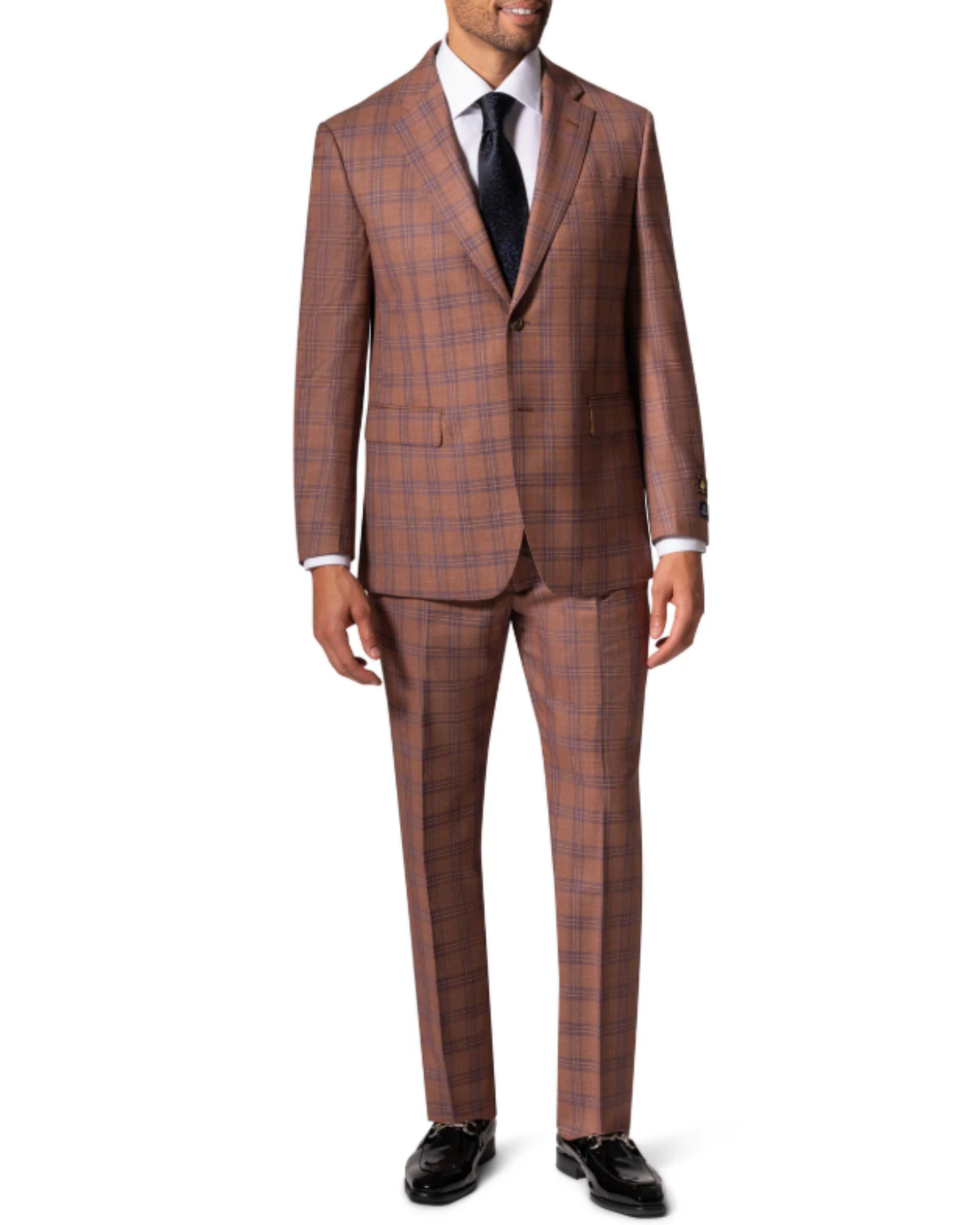 Men's Orange Blue Windowpane Modern Fit 2-Button Wool Suit