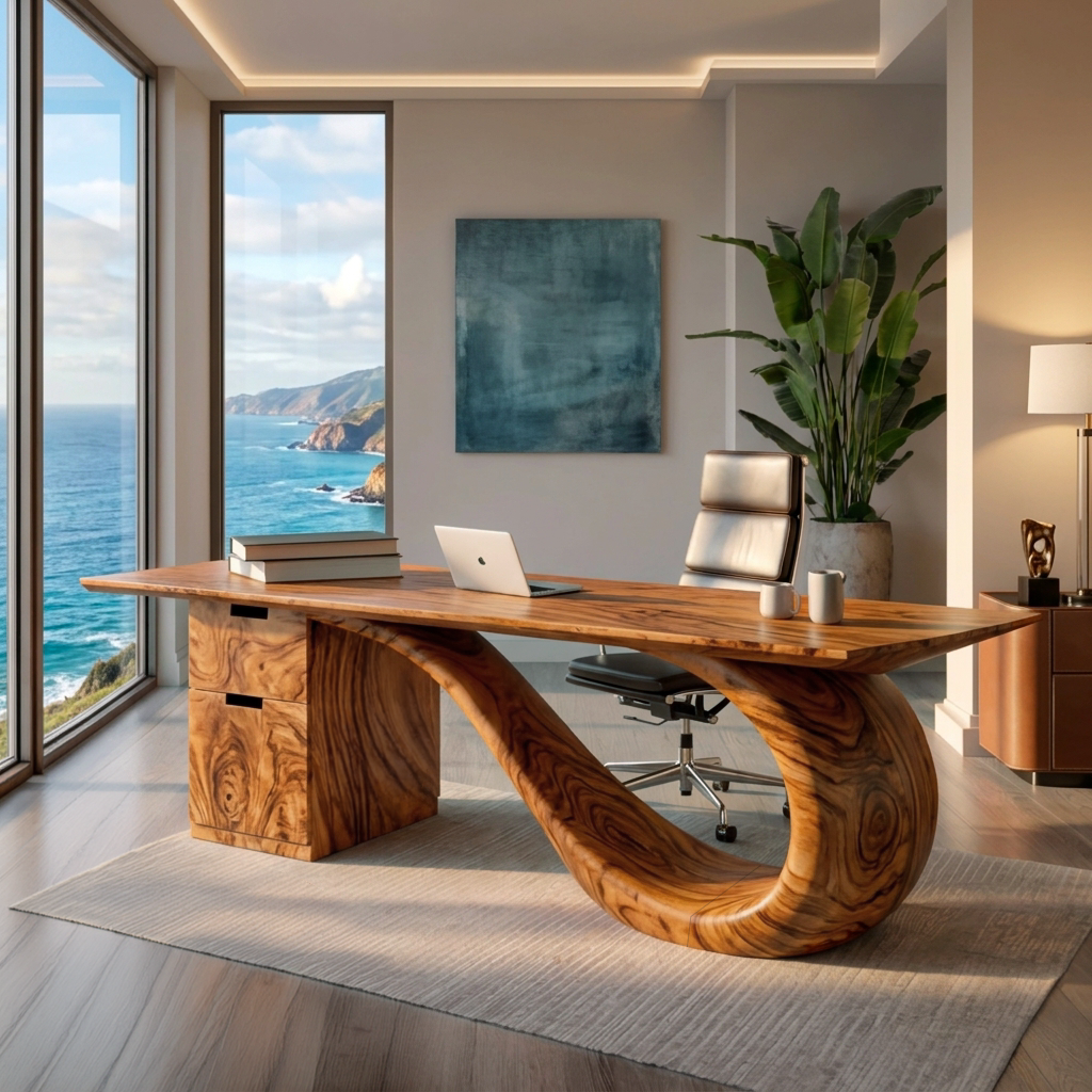 Modern Solid Wood Desk with Curved Sculptural Base and Drawers in Brown finish
