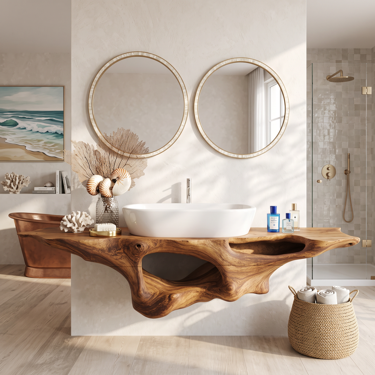 Farmhouse Solid Wood Bathroom Vanity Shelf with Waterproof Finish in Brown finish