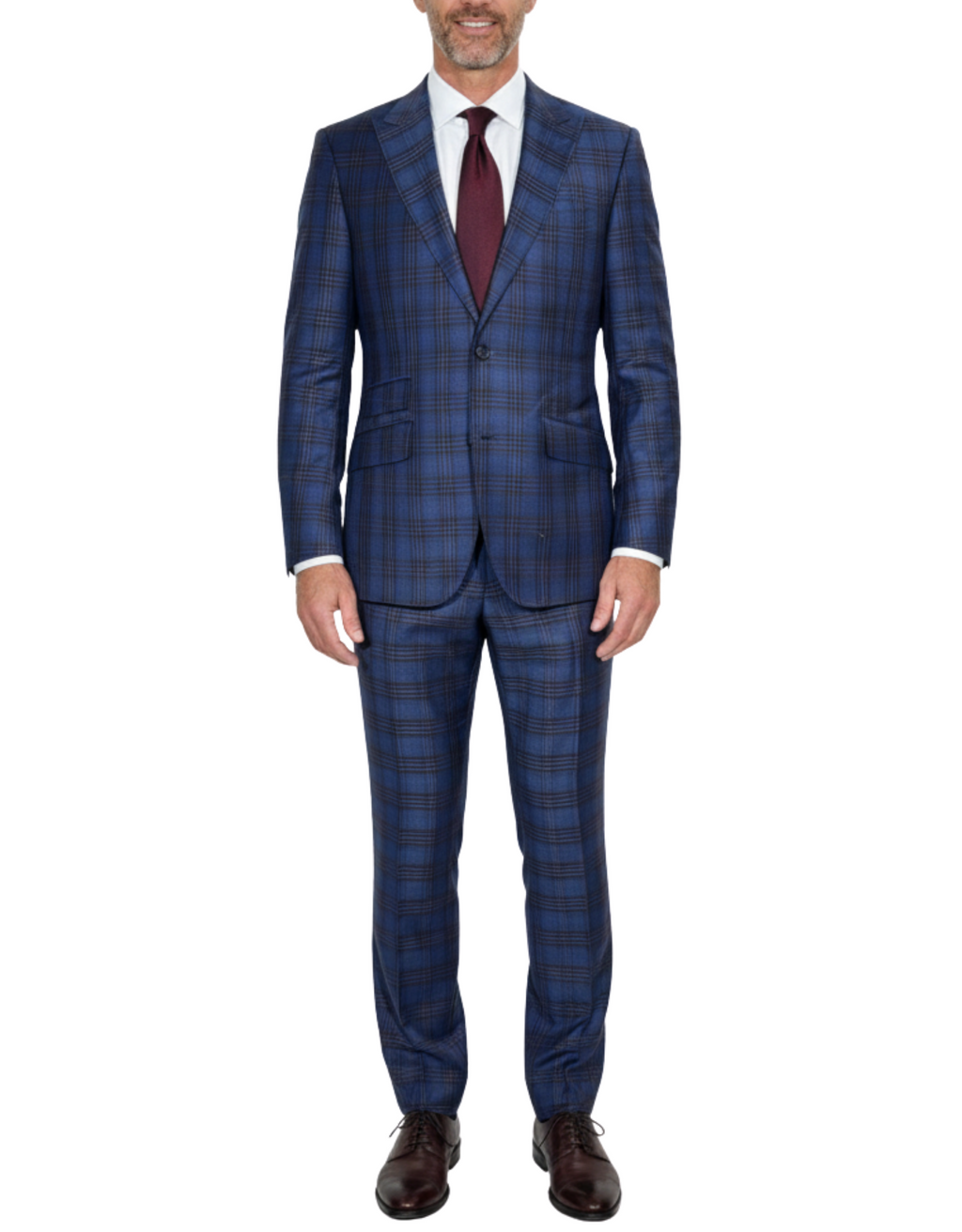 Men's Blue Burgundy Plaid Slim Fit Peak Lapel Wool 2-Button Suit