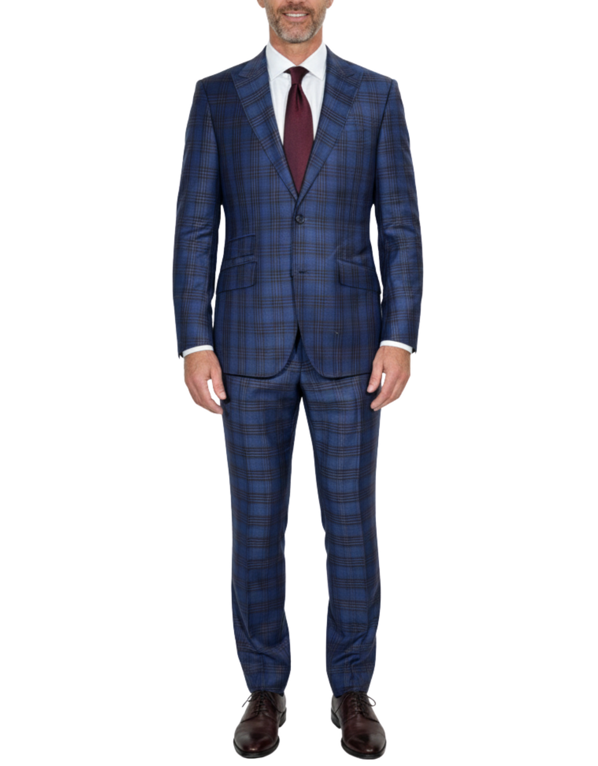 Men's Blue Burgundy Plaid Slim Fit Peak Lapel Wool 2-Button Suit