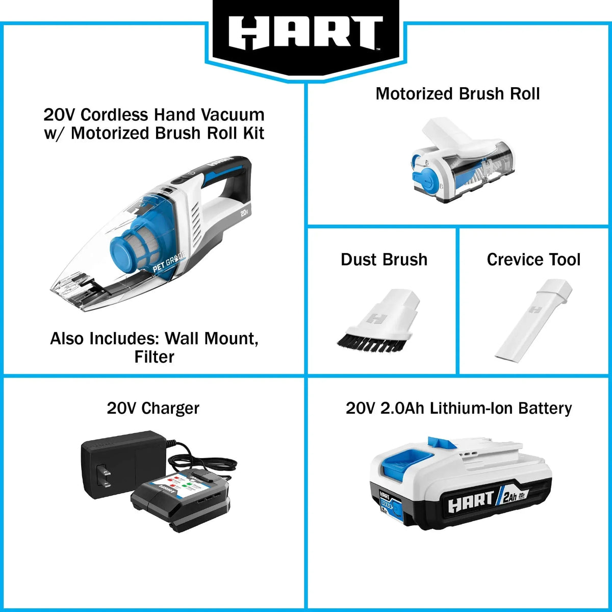 HART 20-Volt Cordless Hand Vacuum Kit With Motorized Brush Roll - HPHV34B