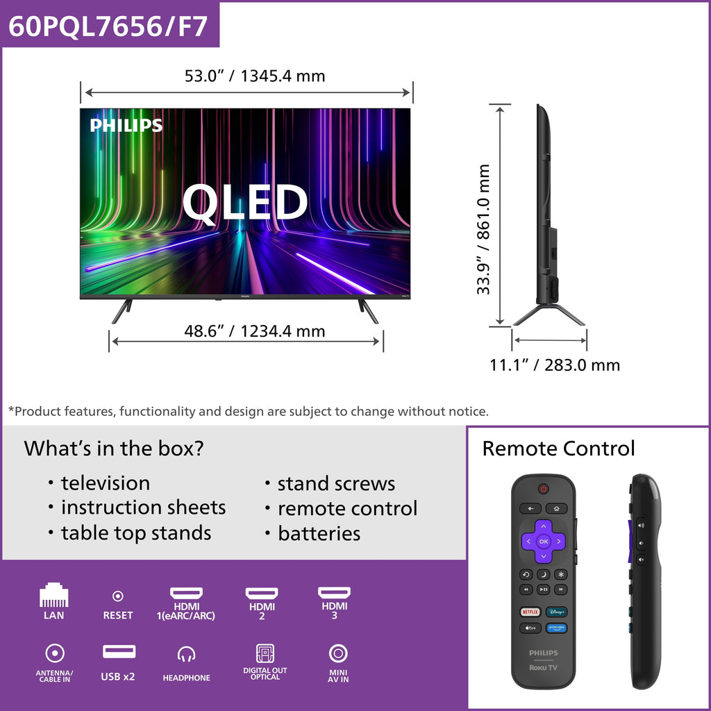 Philips 60" Class QLED 4K UHD (2160p) Roku Smart TV (60PQL7656/F7)