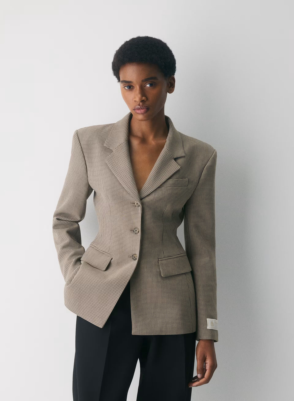 Single-Breasted Stretch Blazer - Brown Check