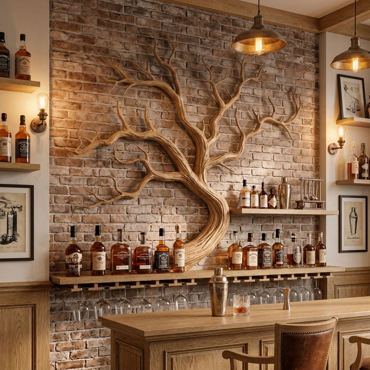 Monkey Pod Wood Tree Branch Wine Rack and Wall Shelf in Oak finish