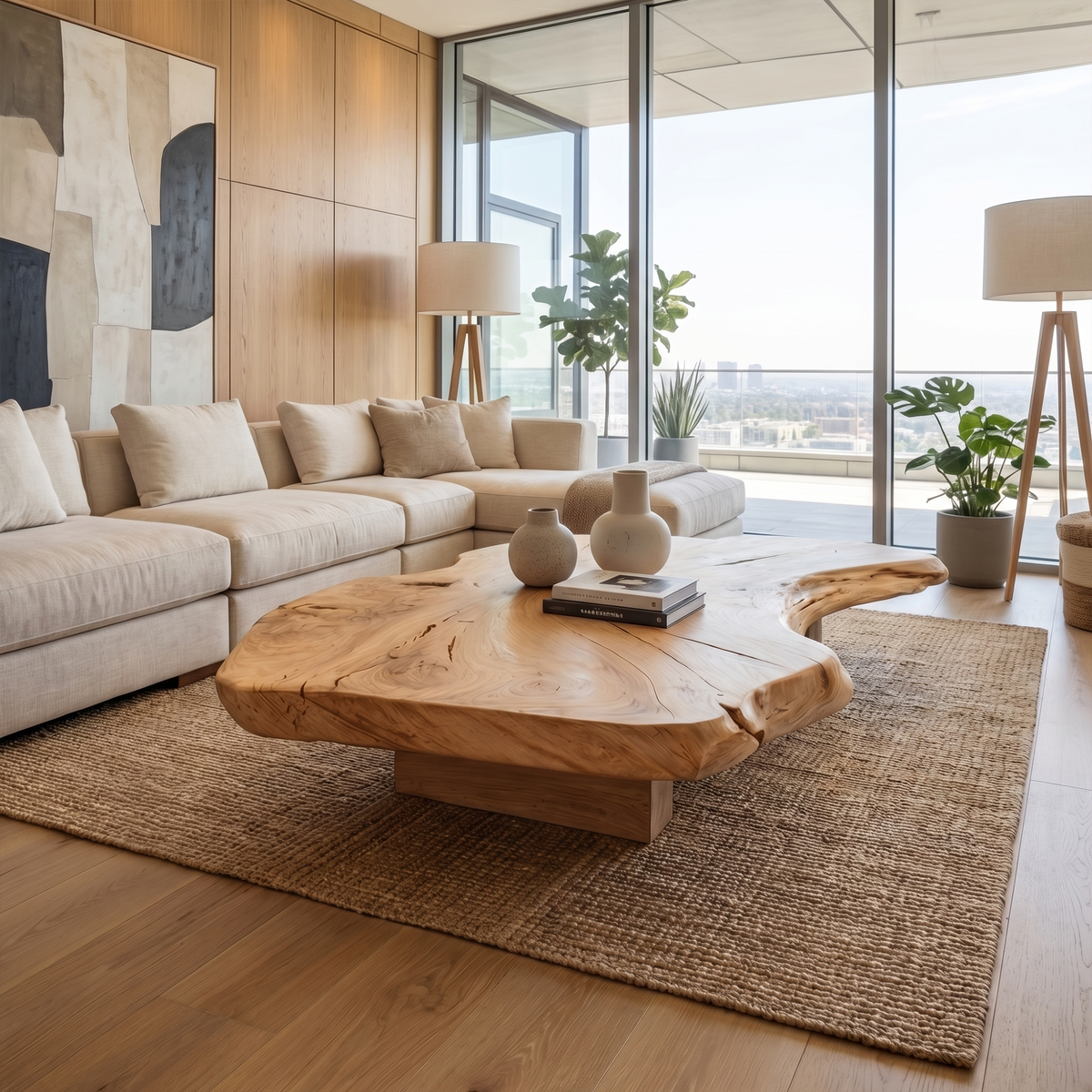 Solid Wood Slab Coffee Table with Organic Freeform Edge in Oak finish